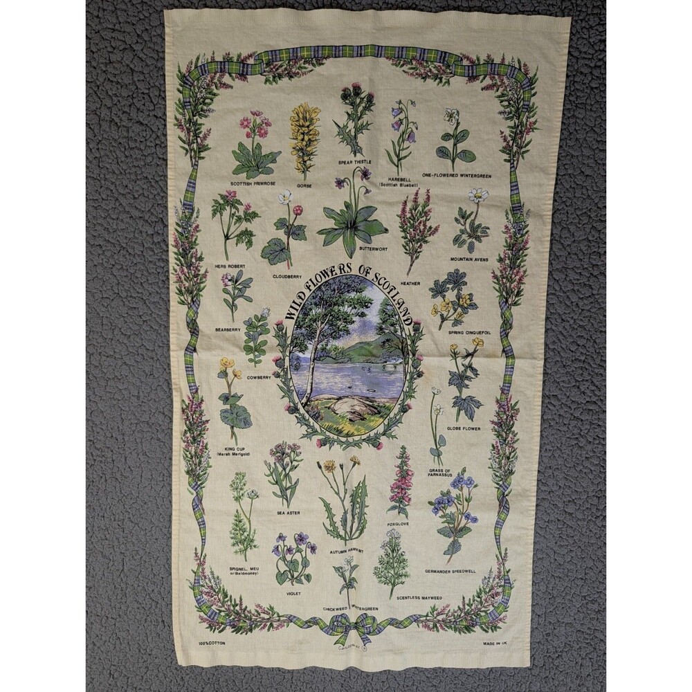 Vintage Causeway Scotland Cotton Tea Towel Wild Flowers of Scotland Souvenir.